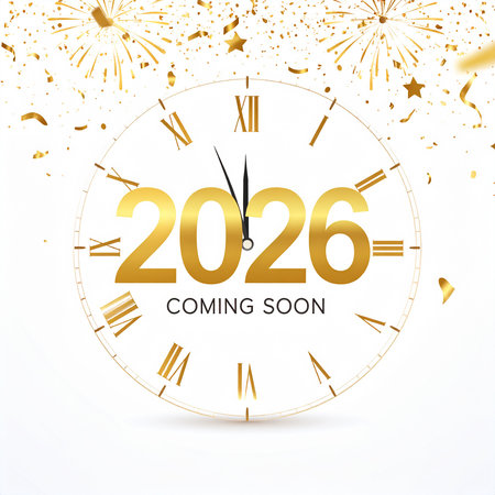 Happy New Year 2016 greeting card with clock and fireworks. Vector illustration.のイラスト素材