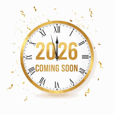 A golden clock with roman numerals displays '2026 Coming Soon' against a white background scattered...