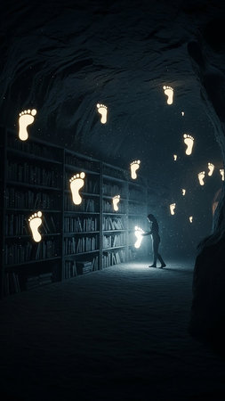 Silhouette of a woman walking in a dark room with many books and light bulbsの素材