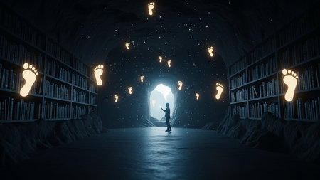Conceptual image of a man standing in the middle of a tunnel surrounded by books.の素材