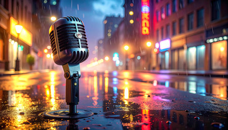 Microphone in the rain on the street. Night city background.の素材