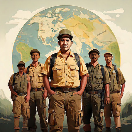 Group of soldiers standing in front of the world map. Retro style.