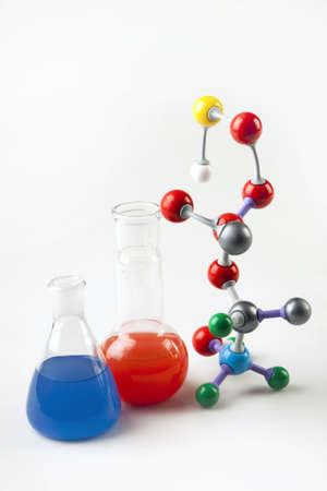 Atoms, and Flasks with colored liquidの写真素材