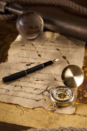 Vintage navitagion equipment, letter and mapsの写真素材