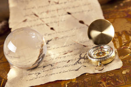 Vintage navitagion equipment, letter and mapsの写真素材