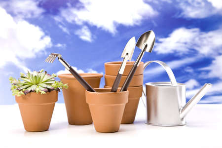 Flowers and garden tools on sky backgroundの写真素材