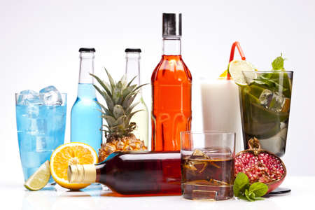 Exotic alcohol drinks set with fruits isolated on white background