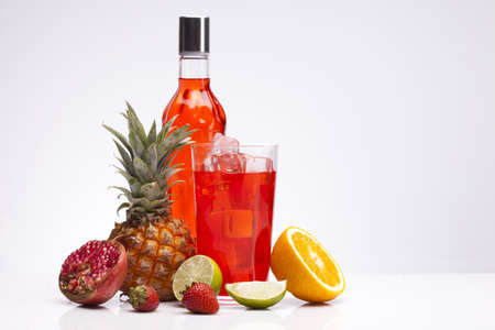 Exotic alcohol drinks set with fruits isolated on white background