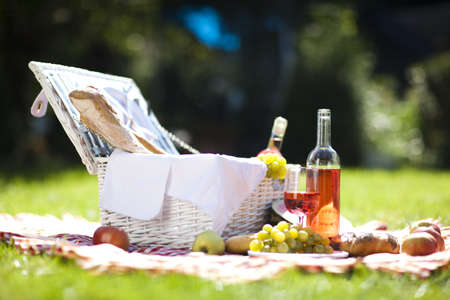 Fresh food from picninc basket in the garden!の写真素材