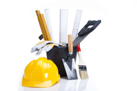 Building and construction equipment on blueprintsの写真素材