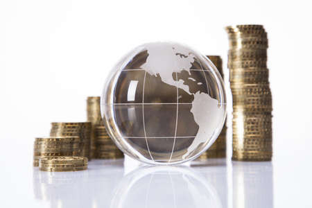 Financial concept  World and money isolated on white backgroundの写真素材