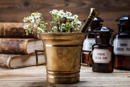 The ancient natural medicine, herbs,  medicines and old bookの写真素材