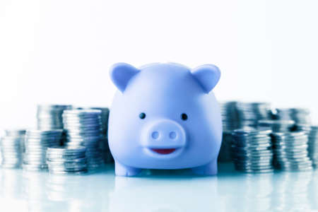 Financial concept with piggy bank, pile of money on white backgroundの写真素材