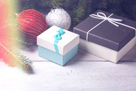 Christmas decorative elements on a wooden tableの写真素材