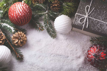 Christmas decorative elements on a wooden tableの写真素材