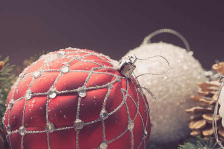 Christmas decorative elements on a wooden tableの写真素材