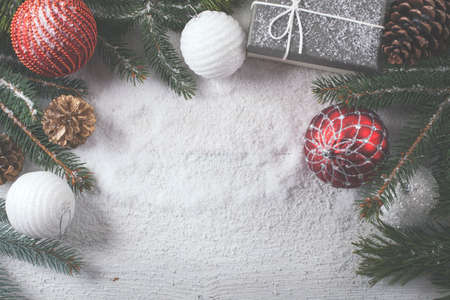 Christmas decorative elements on a wooden tableの写真素材
