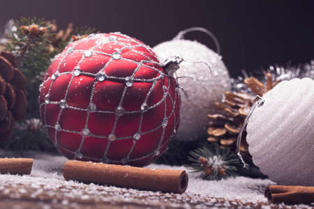 Christmas decorative elements on a wooden tableの写真素材