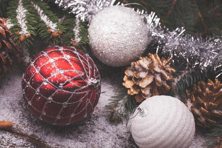 Christmas decorative elements on a wooden tableの写真素材
