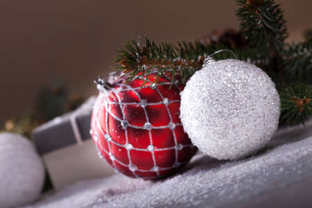 Christmas decorative elements on a wooden tableの写真素材