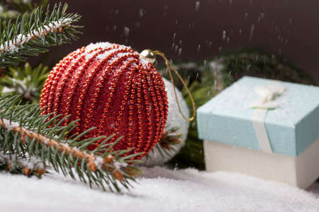 Christmas decorative elements on a wooden tableの写真素材