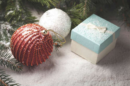 Christmas decorative elements on a wooden tableの写真素材