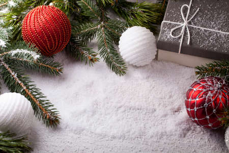 Christmas decorative elements on a wooden tableの写真素材