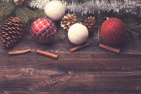 Christmas decorative elements on a wooden tableの写真素材