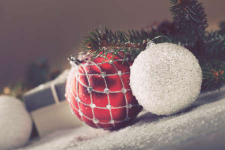 Christmas decorative elements on a wooden tableの写真素材