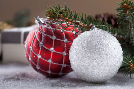 Christmas decorative elements on a wooden tableの写真素材