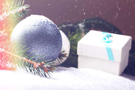 Christmas decorative elements on a wooden tableの写真素材