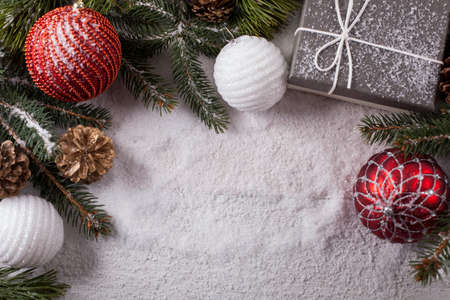 Christmas decorative elements on a wooden tableの写真素材
