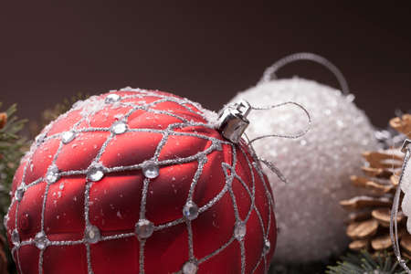 Christmas decorative elements on a wooden tableの写真素材