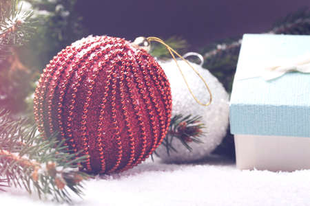 Christmas decorative elements on a wooden tableの写真素材