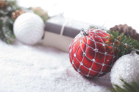 Christmas decorative elements on a wooden tableの写真素材