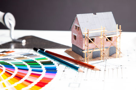 Home construction, building plans and tools, along with a color swatch. Constructionの写真素材