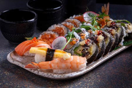 Sushi set on a plate on a dark background. Japanese foodsの写真素材