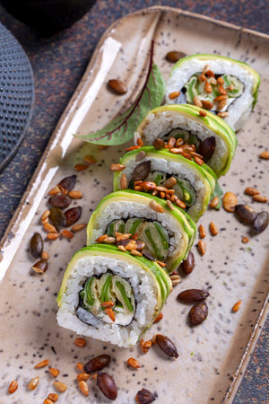 Sushi rolls with avocado, cucumber and sesame seeds. selective focus.の写真素材