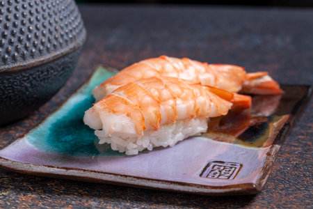 Sushi with shrimps on a plate. Japanese foods.の写真素材