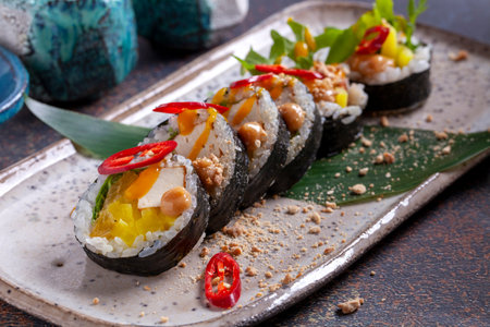 Sushi roll with tuna, cucumber, cheese and chickpeasの写真素材