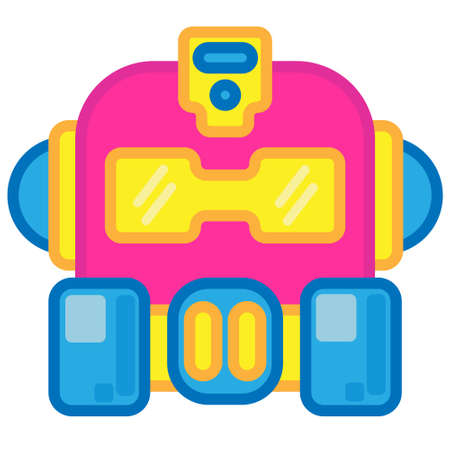 Cute Square Robot Head with Glasses, Mask and Headset Flat Design Cartoon for Shirt, Poster, Gift Card, Cover or Logoのイラスト素材