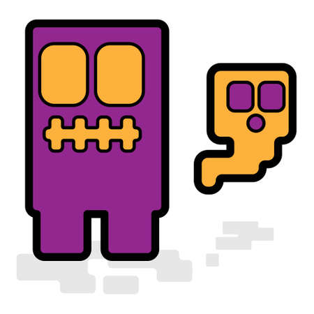 Cute Square Halloween Purple Monster and Yellow Ghost Spirit Flat Design Cartoon for Shirt, Poster, Gift Card, Cover or Logoのイラスト素材