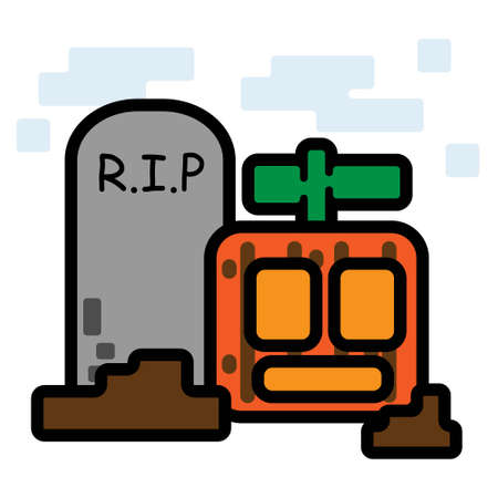 Cute Square Rest In Peace Tombstone and Halloween Pumpkin Head Flat Design Cartoon for Shirt, Poster, Gift Card, Cover or Logoのイラスト素材