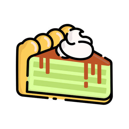 Cute Sliced Matcha Green Tea Pie with Chocolate Sauce Flat Design Cartoon for Shirt, Poster, Gift...