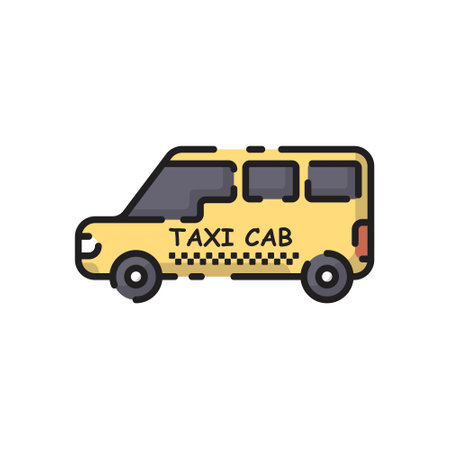Cute Yellow Taxi Car Flat Design Cartoon for Shirt, Poster, Gift Card, Cover, Logo, Sticker and Icon.のイラスト素材