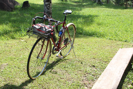 Vintage roadbike on green fieldの写真素材