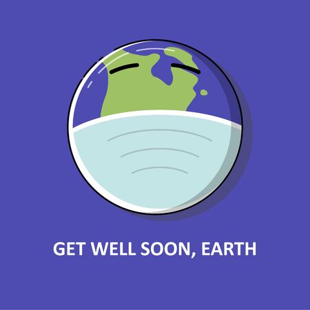 Earth using surgery mask to protecting him from coronavirus. Get well son earth, get well soon world. Good for poster, clothes design, social media postのイラスト素材