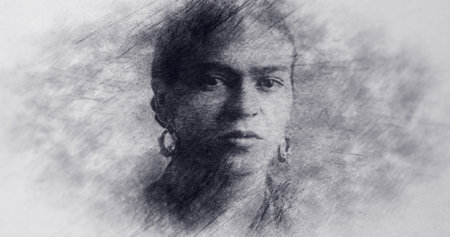 Mexican Painter. Portrait Drawing. Magdalena Carmen Frida Kahlo Calderon.のeditorial素材
