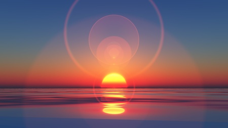 aComputer generated image of the sun setting into still waterの写真素材