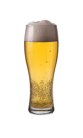 A misted transparent glass narrowed at the bottom with a cold light beer and a head of foam. isolated on white background.の写真素材